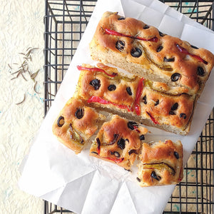 Open image in slideshow, Olive Rosemary &amp; Capcisum Focaccia - Two Wholesome Bakers
